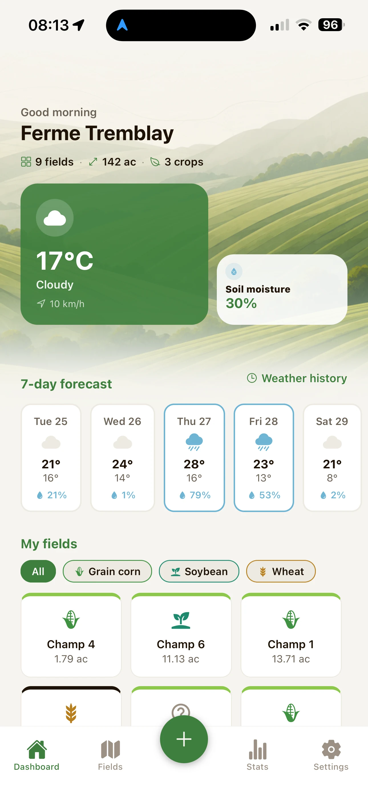 FarmTrack dashboard: today's weather, 7-day forecast and field list.