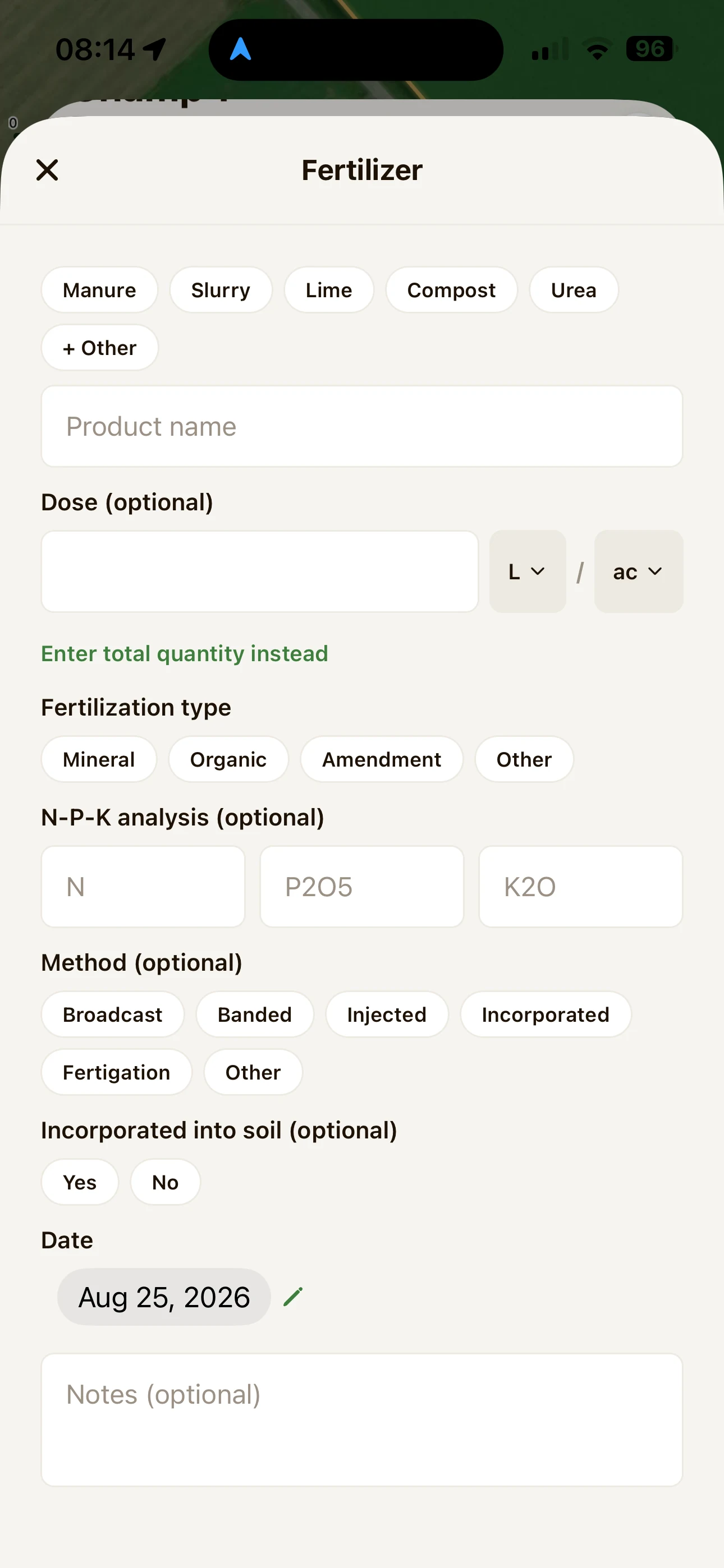 Adding a fertilizer application in FarmTrack.