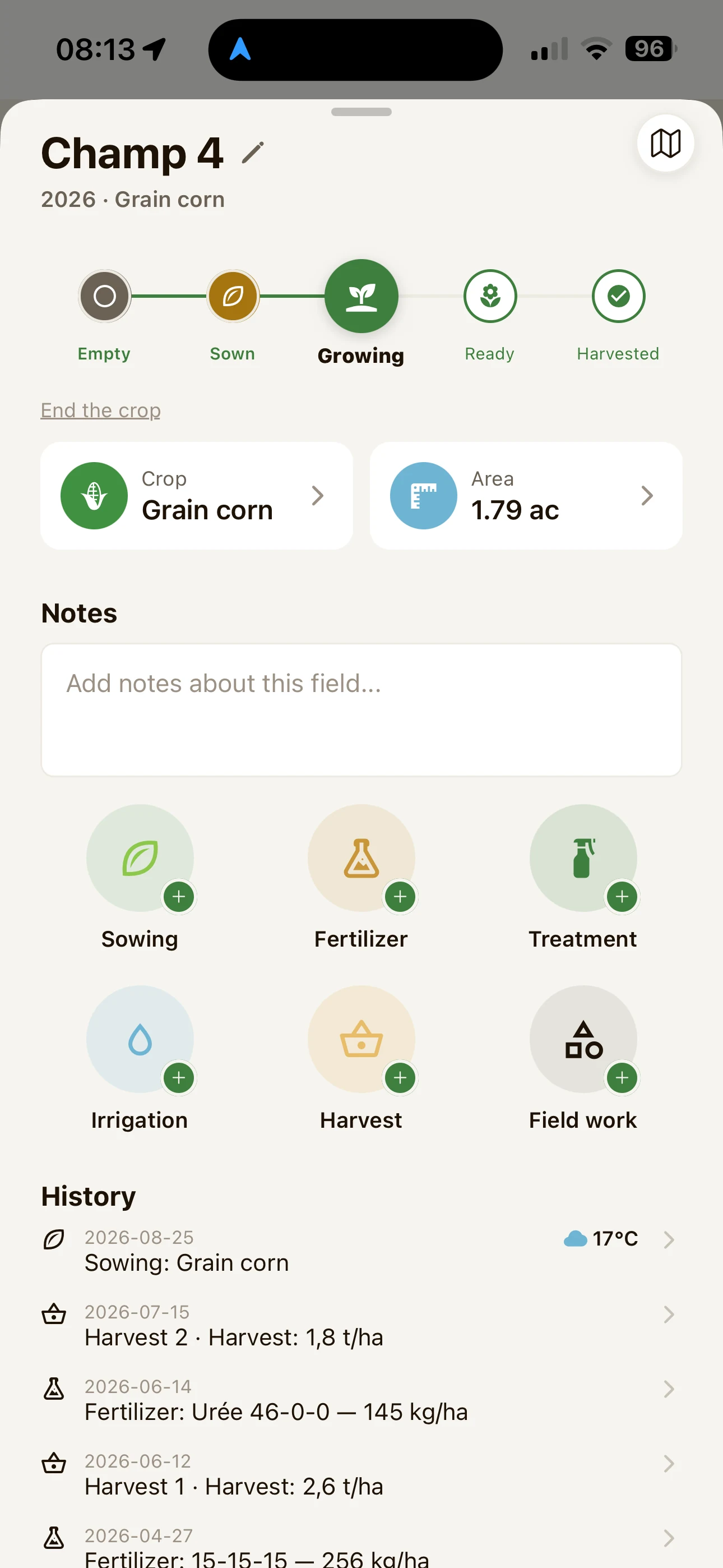 A FarmTrack field page with the season's activity history.