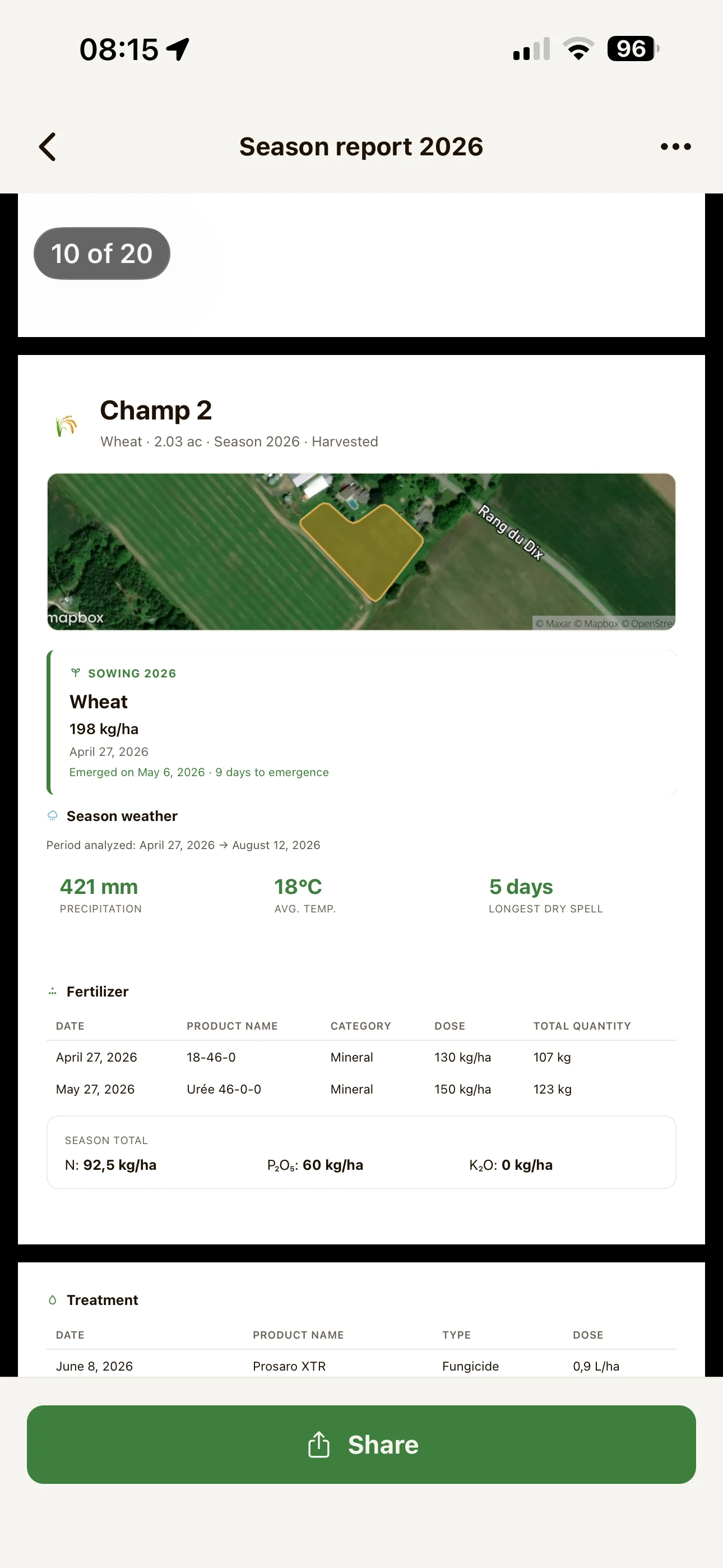 Preview of a FarmTrack season report: field map, sowing, weather, fertilizer and treatments.