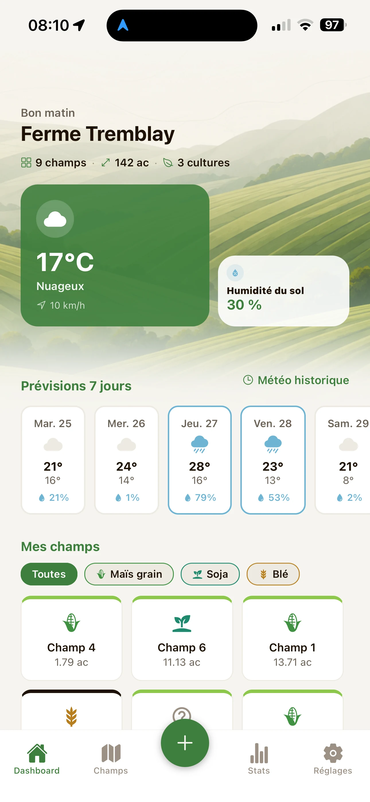 Tableau de bord FarmTrack : météo du jour, prévisions 7 jours et liste des champs.