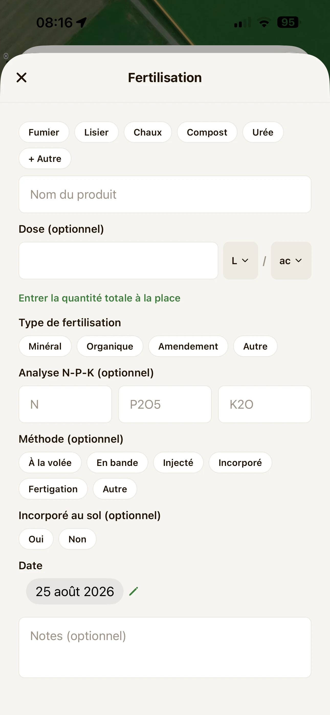 Écran d'ajout d'une fertilisation dans FarmTrack.