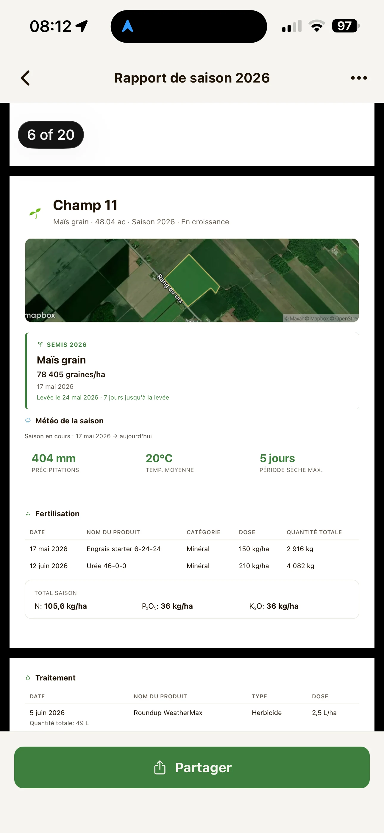 Aperçu d'un rapport de saison FarmTrack : carte du champ, semis, météo, fertilisations et traitements.
